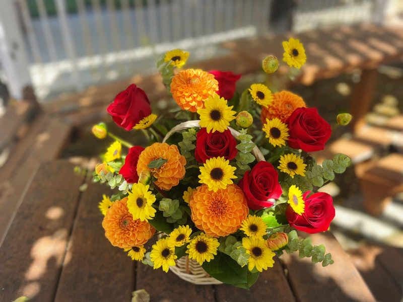 Autumn Basket (Dahlias and Roses)