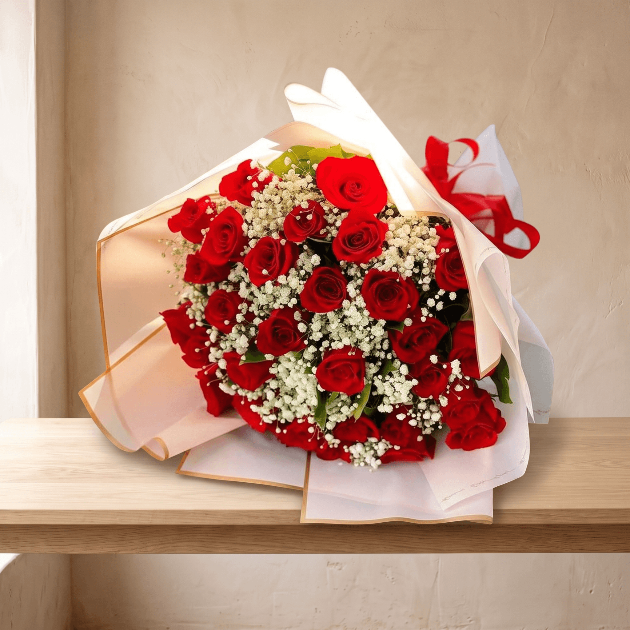 Two Dozen Red Roses Wrap with Baby's Breath