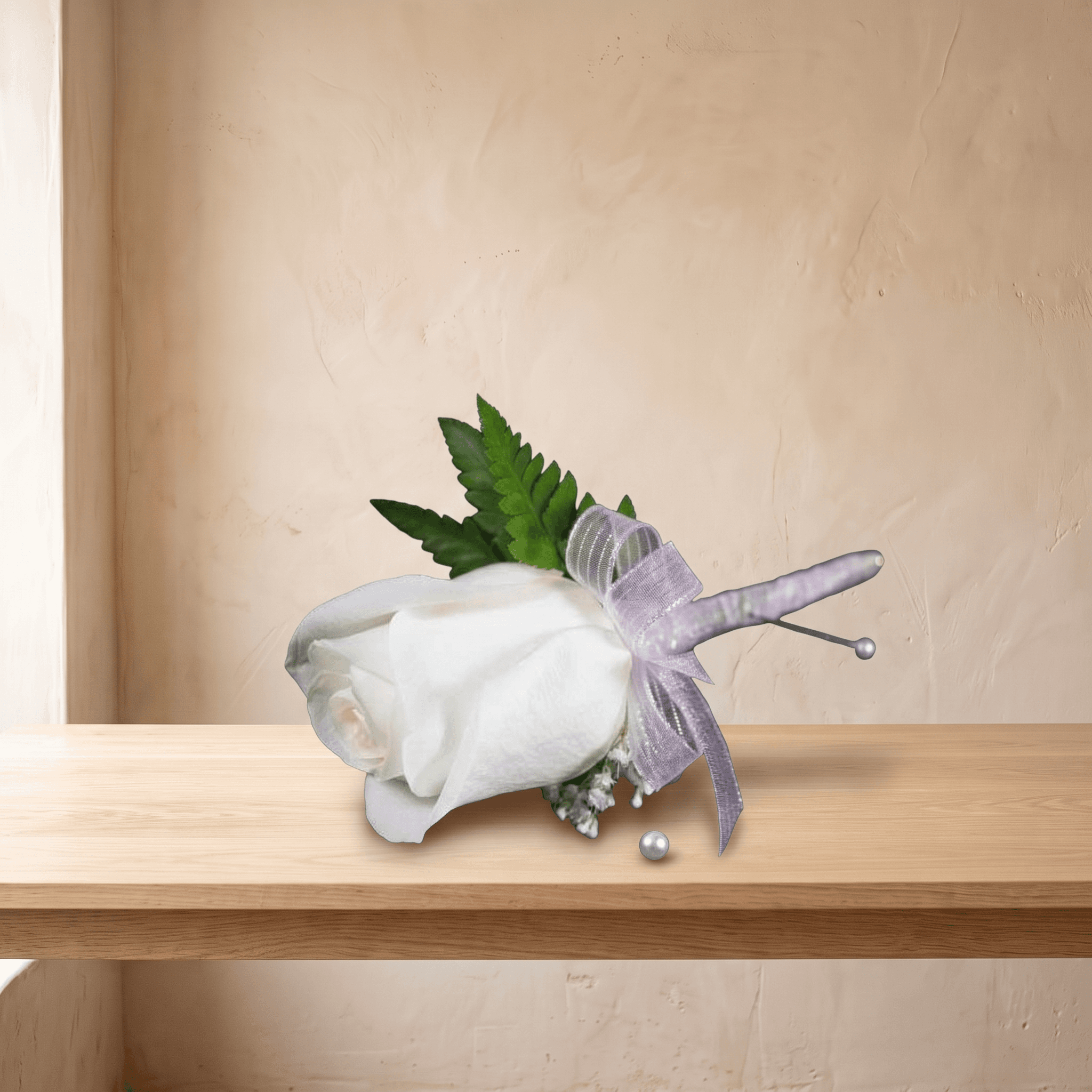 Boutonniere (White Rose & Blush Pink Ribbon)
