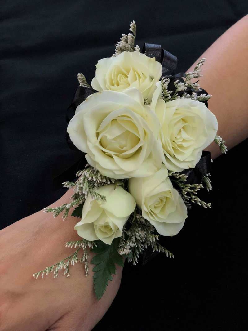 Wrist Corsage (White Flowers & Black Ribbon)