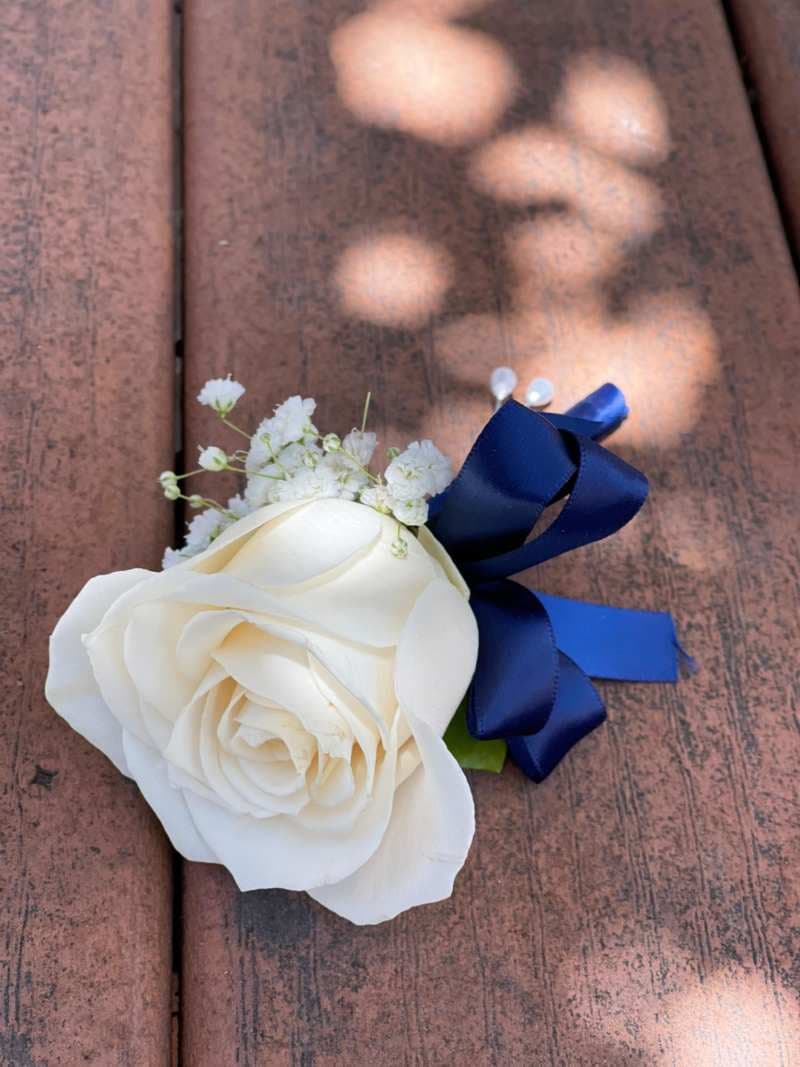 Boutonniere (White Rose & Navy Blue Ribbon)