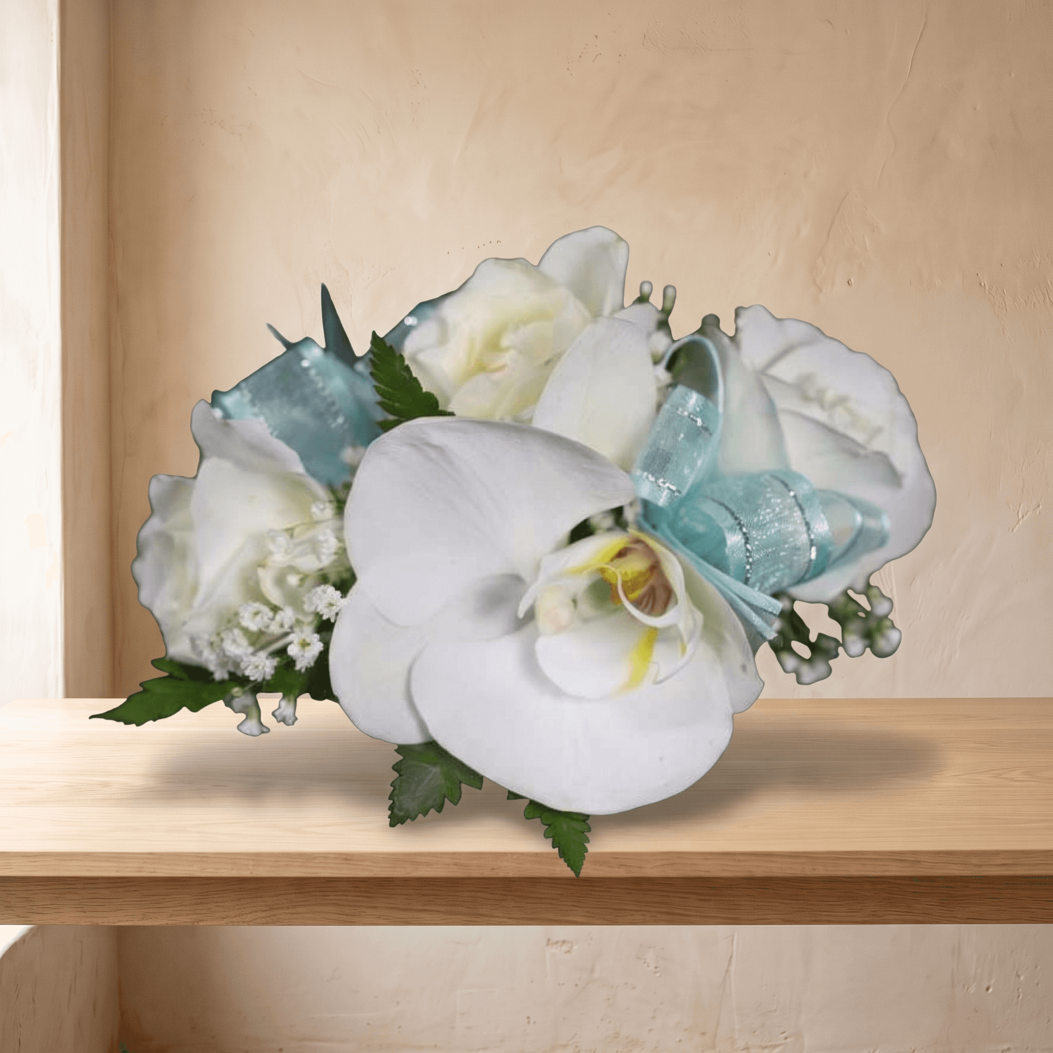White and baby blue corsage