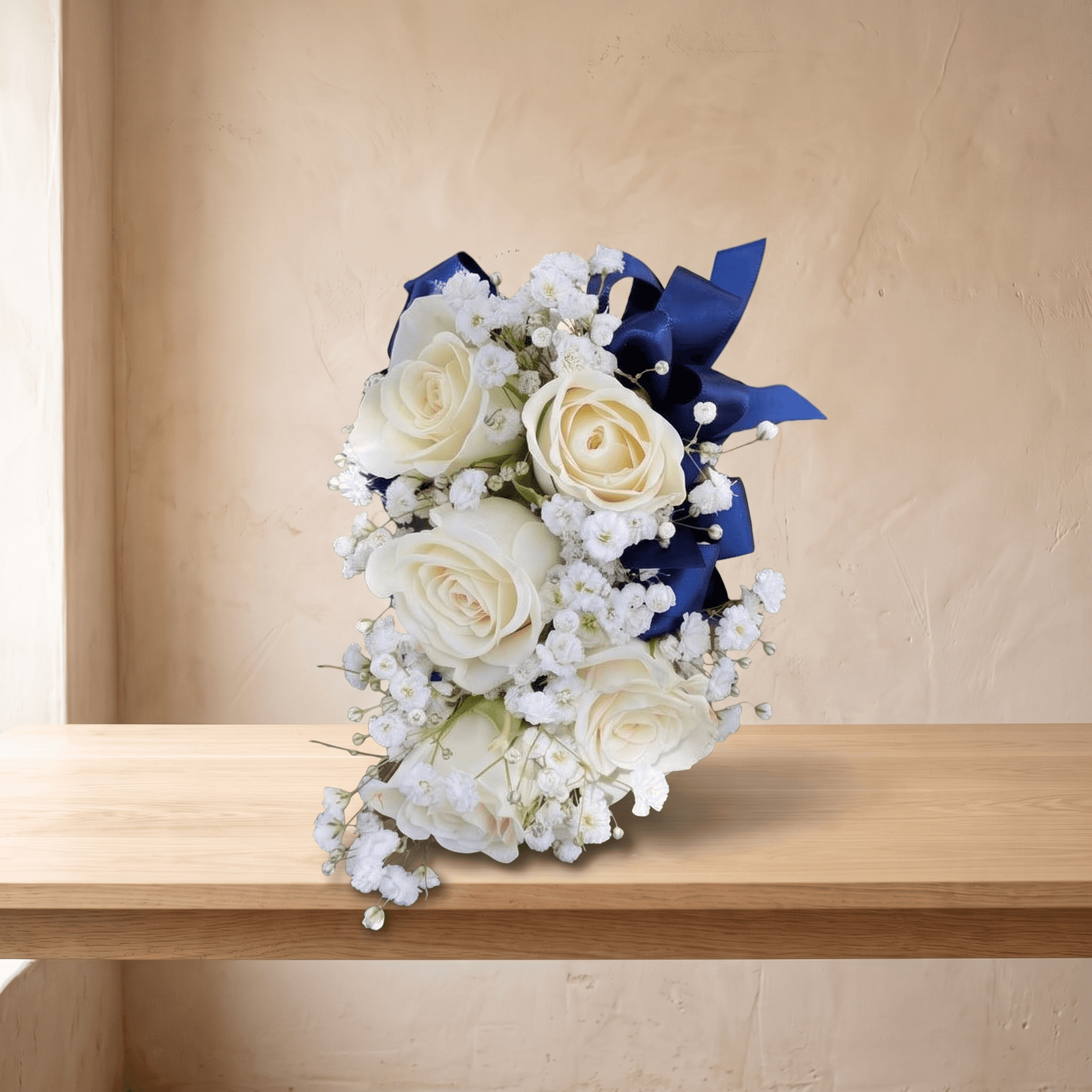 Wrist Corsage (White Flowers & Navy Blue Ribbon)