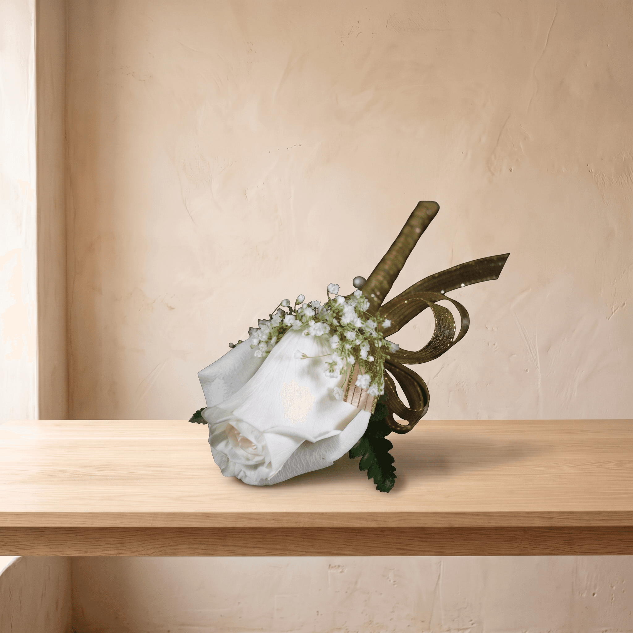 Boutonniere (White Rose & Gold Ribbon)