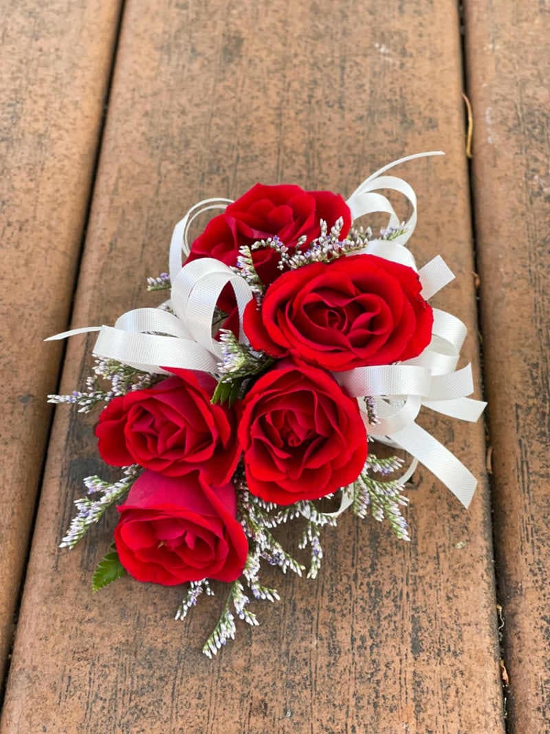 Wrist Corsage (Red Flowers & White Ribbon)