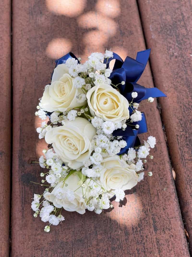 Wrist Corsage (White Flowers & Navy Blue Ribbon)