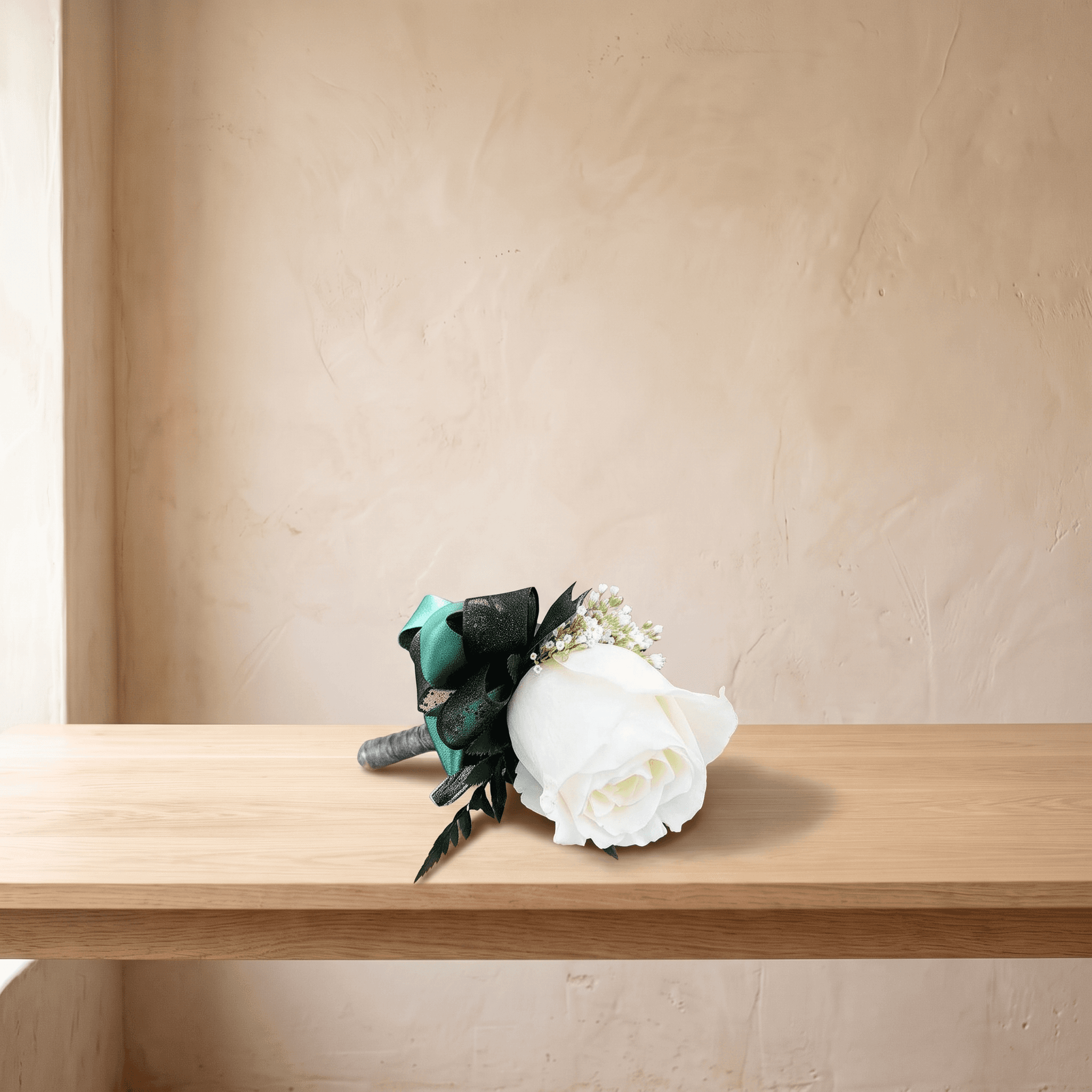 Boutonniere (White Rose & Black + Emerald Ribbon)